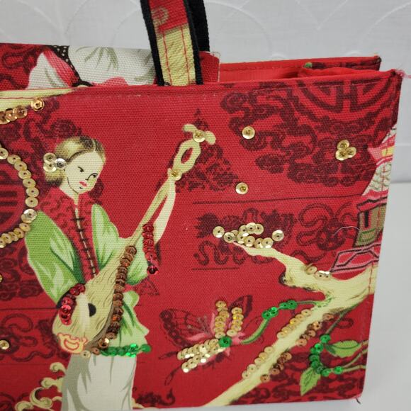 Modella Womens Handbag 11.5" x 8 Red Asian Motif Sequined Double Strap - Picture 3 of 15
